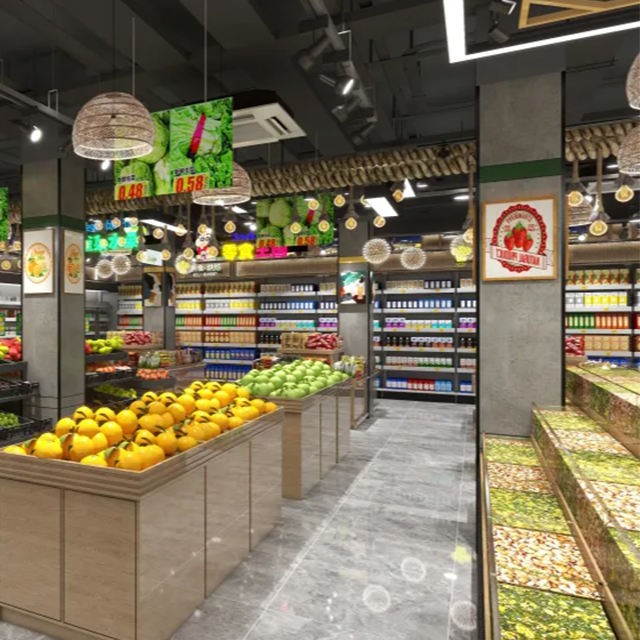 Diseño de interiores de tiendas de supermercados.